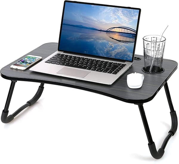 cup laptop table grey wooden portable foldable pre assembled front view