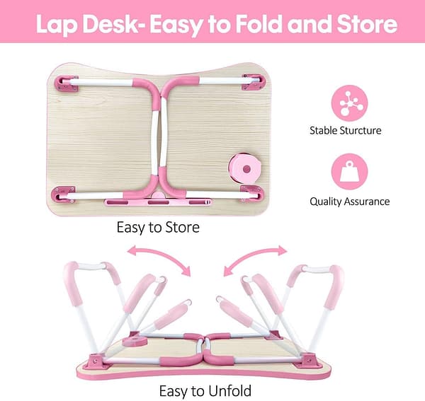 cup laptop table pink wooden portable foldable pre assembled easy to fold