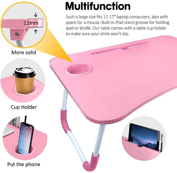 cup laptop table pink wooden portable foldable pre assembled features